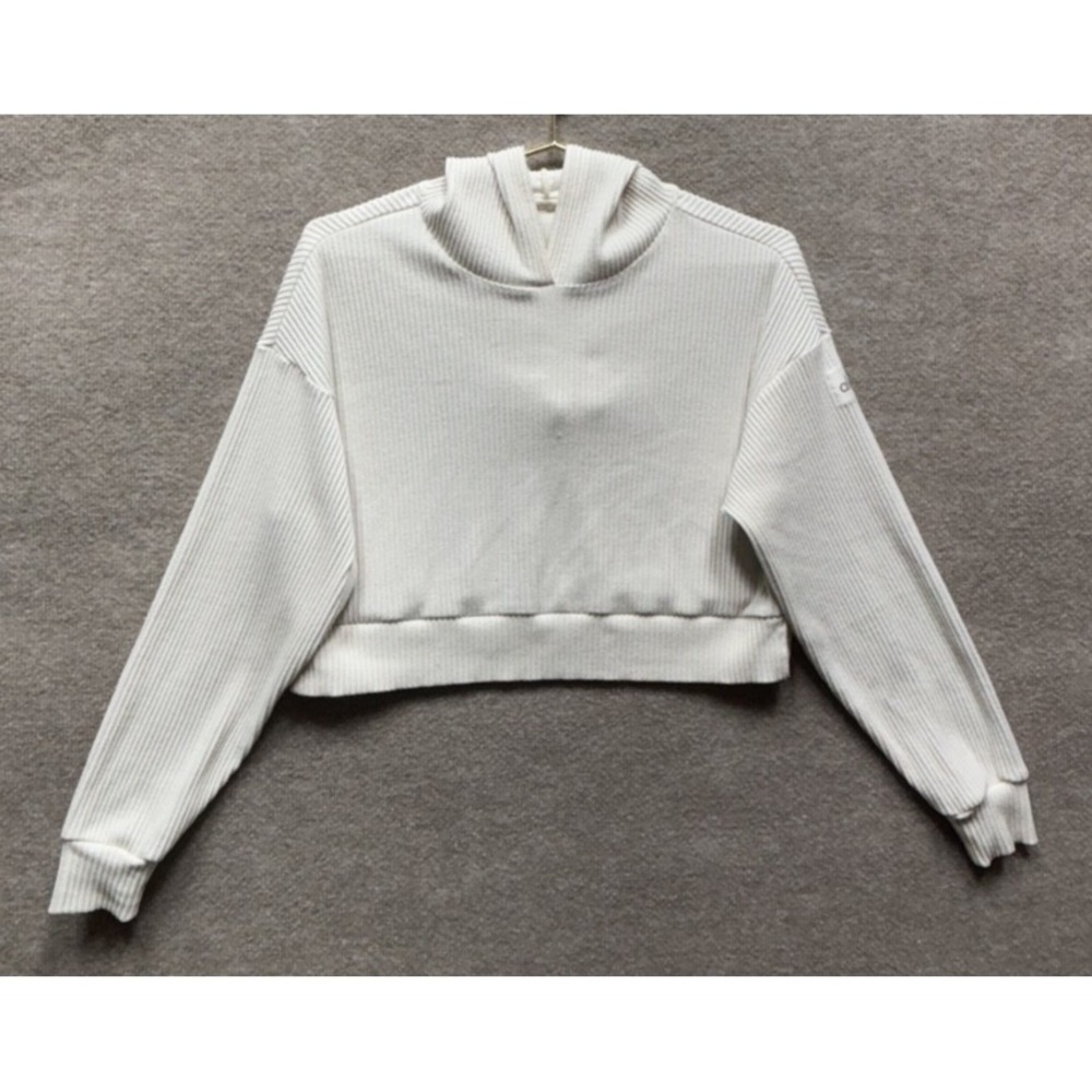 Alo Yoga Size S Muse Hoodie Beige Bone Cropped Ribbed Knit Stretch Workout Gym
